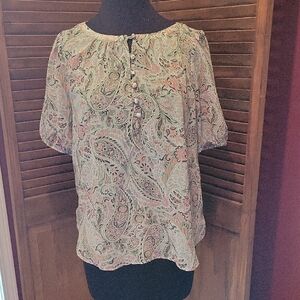 Loft Lt Blue/Green&Coral Paisley Elastic Sleeve Button Front Blouse  Relaxed Fit